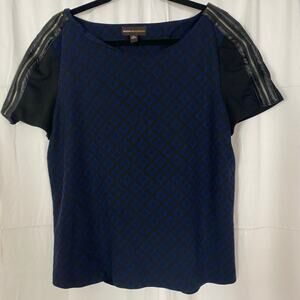 Dana Buchman XL Geometric Print Faux Leather Accent Top Black Blue Blouse